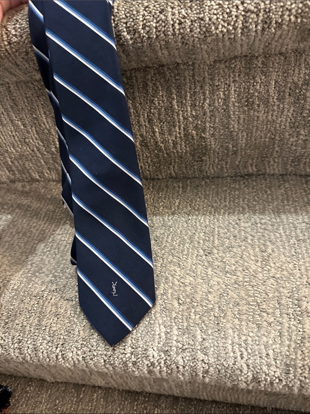 Vintage Yves Saint Laurent Navy Silk Tie with Light Blue and White Stripes